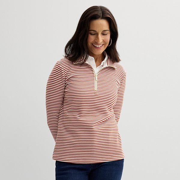Women's Croft & Barrow® Quarter-Zip Pullover - Rust Stripe (X SMALL)