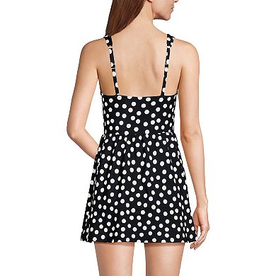 Women's Lands' End Polka Dot Long SlenderSuit V-Neck One-Piece Wrap Swim Dress