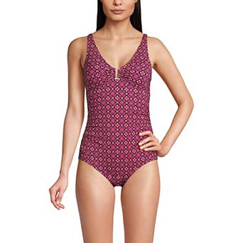 Women's Lands' End Long Torso Embellished V-Neck Shirred One-Piece Swimsuit