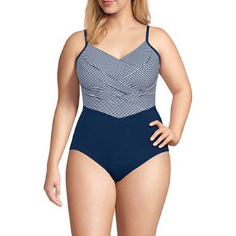 Plus Size Lands' End Slender Suit Pleated X-Back One-Piece Swimsuit
