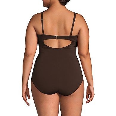 Plus Size Lands' End Chlorine Resistant Smoothing Control Mesh High Neck One-Piece Swimsuit
