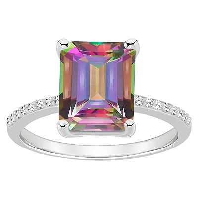Alyson Layne Sterling Silver Emerald Cut Mystic Topaz 1 10 Carat T.W. Diamond Ring