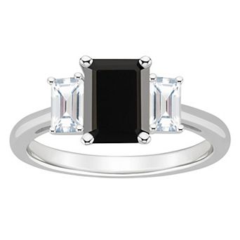 Alyson Layne Sterling Silver Emerald Cut Black Onyx & White Topaz Three-Stone Ring
