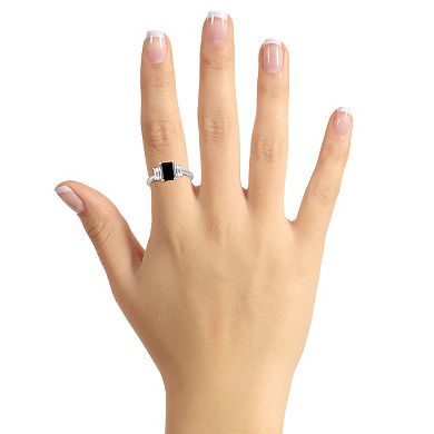 Alyson Layne Sterling Silver Emerald Cut Black Onyx & White Topaz Three-Stone Ring