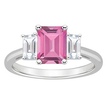 Alyson Layne Sterling Silver Emerald Cut Pink Topaz & White Topaz Three-Stone Ring