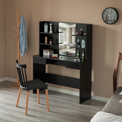 Modern Wooden Dressing Table With Drawer, Mirror And Shelves