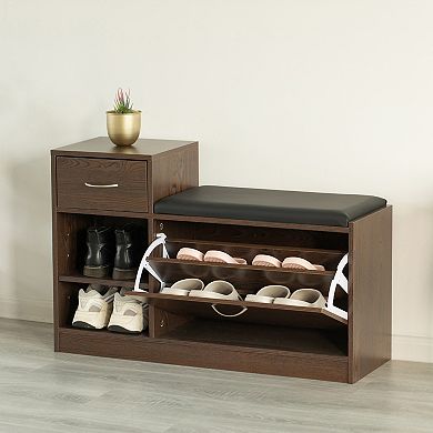 Wooden Entryway Shoe Storage Bench With Cushion