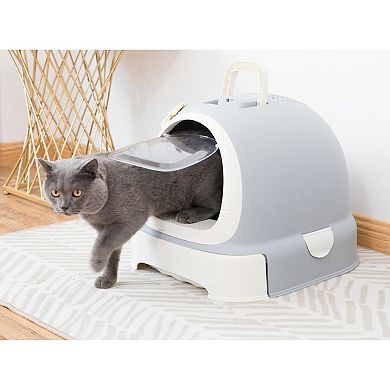 Fully Enclosed Hooded Litter Pan With Front Entry Odor Close Door, Cat Litter Scoop Included