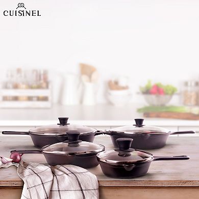 Cuisinel Cast Iron Skillet Set - 6"+8"+10+12"-inch + Glass Lids + Silicone Handle Holder Cover Grips