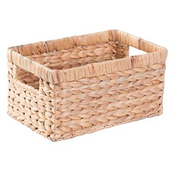 Natural Woven Water Hyacinth Wicker Rectangular Storage Bin Basket With Handles, Small