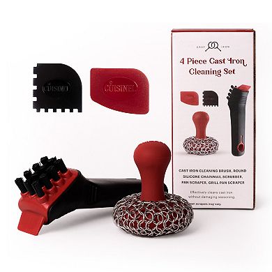 Cuisinel Cast Iron Chain Mail Scrubber + Cleaning Brush + Pan