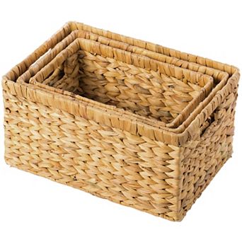 Natural Woven Water Hyacinth Wicker Rectangular Storage Bin Basket With Handles, Set Of 3