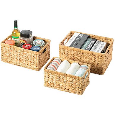 Natural Woven Water Hyacinth Wicker Rectangular Storage Bin Basket With Handles, Set Of 3