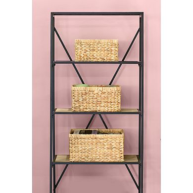 Natural Woven Water Hyacinth Wicker Rectangular Storage Bin Basket With Handles, Set Of 3