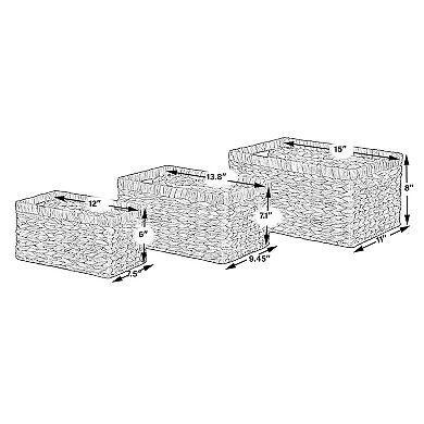 Natural Woven Water Hyacinth Wicker Rectangular Storage Bin Basket With Handles, Set Of 3