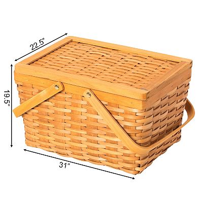 Woodchip Picnic Storage Basket With Cover And Movable Handles