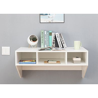 Wall Mounted Office Computer Desk And Floating Hutch Cabinet, White