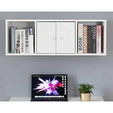 Wall Mounted Office Computer Desk And Floating Hutch Cabinet, White