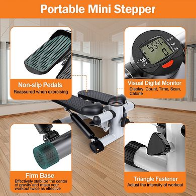 Grey, Mini Fitness Stepper For Exercise With Lcd Monitor And Resistance Bands