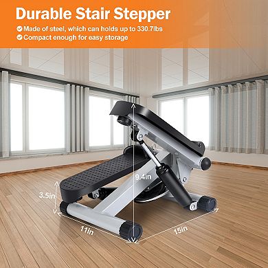 Grey, Mini Fitness Stepper For Exercise With Lcd Monitor And Resistance Bands
