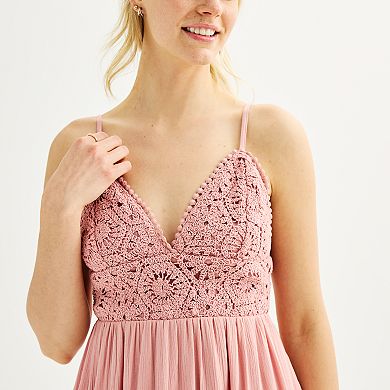 Juniors' Almost Famous Crochet Handkerchief Tie-Back Mini Dress