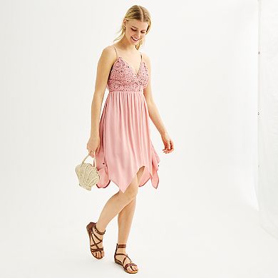 Juniors' Almost Famous Crochet Handkerchief Tie-Back Mini Dress