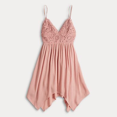 Juniors' Almost Famous Crochet Handkerchief Tie-Back Mini Dress