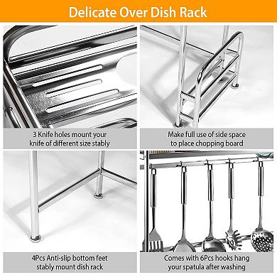 Silver, Stainless Steel Over Sink Dish Drying Rack Kitchen Countertop Organizer