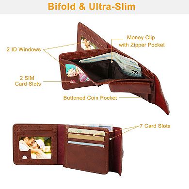 Men's, Brown, Slim Rfid Blocking Bifold Wallet With Card Holder Cases, 2 Id Windows