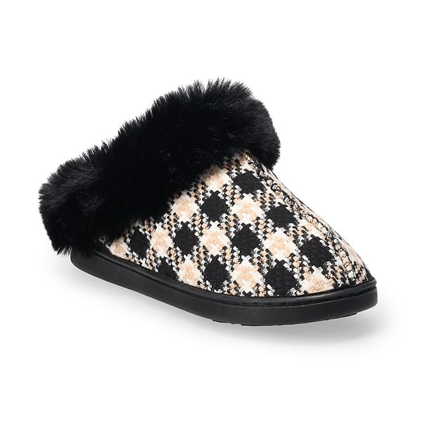 LC Lauren Conrad Allis Faux Fur Cuff Clog Women's Slippers - Black Houndstooth (X SMALL)