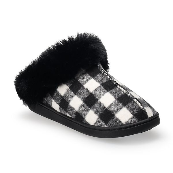 LC Lauren Conrad Allis Faux Fur Cuff Clog Women's Slippers - Black Plaid (X SMALL)