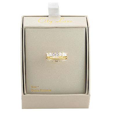 City Luxe Gold Plated Square Cubic Zirconia Faux Stack Ring