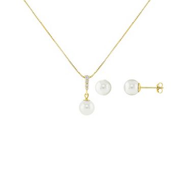 PRIMROSE Sterling Silver Simulated Pearl & Cubic Zirconia Pendant Necklace & Stud Earrings Set
