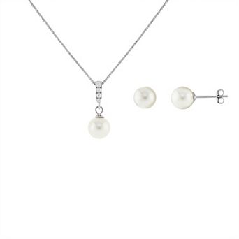 PRIMROSE Sterling Silver Simulated Pearl & Cubic Zirconia Pendant Necklace & Stud Earrings Set