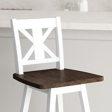 Emma And Oliver Luther Wooden Modern Farmhouse Swivel Dining Stool With Decorative Carved Back