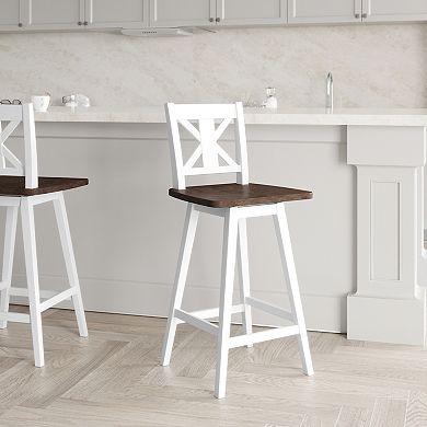 Emma And Oliver Luther Wooden Modern Farmhouse Swivel Dining Stool With Decorative Carved Back