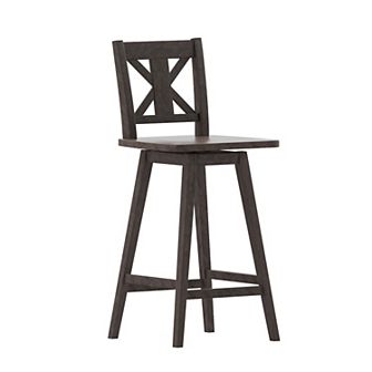 Emma And Oliver Luther Wooden Modern Farmhouse Swivel Dining Stool With Decorative Carved Back