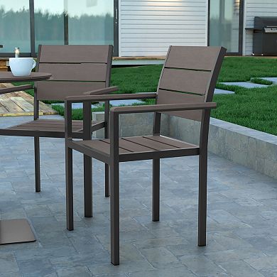 Emma and Oliver Fena Outdoor Stacking Side Chair with Faux Teak Poly Slats and Metal Frame