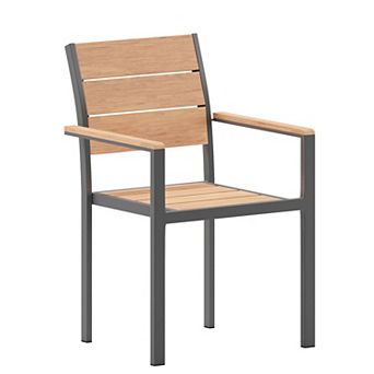 Emma and Oliver Fena Outdoor Stacking Side Chair with Faux Teak Poly Slats and Metal Frame