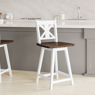 Emma And Oliver Luther Wooden Modern Farmhouse Swivel Dining Stool With Decorative Carved Back