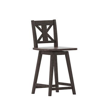Emma And Oliver Luther Wooden Modern Farmhouse Swivel Dining Stool With Decorative Carved Back