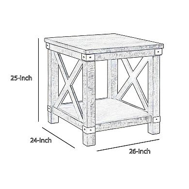 Farmhouse Style End Table With X Shaped Sides And Open Bottom Shelf, Gray