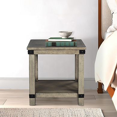 Farmhouse Style End Table With X Shaped Sides And Open Bottom Shelf, Gray