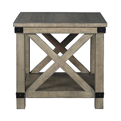 Farmhouse Style End Table With X Shaped Sides And Open Bottom Shelf, Gray