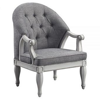 Fil 32 Inch Armchair, Tufted Backrest, Fabric Upholstery, Poplar Wood, Gray