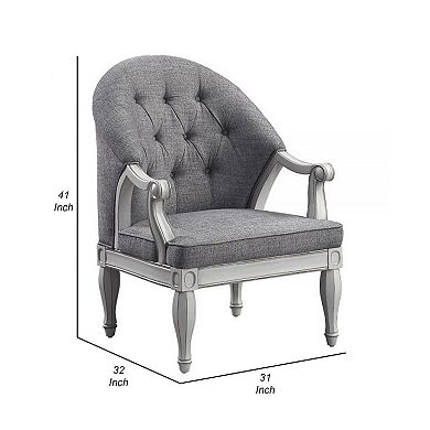 Fil 32 Inch Armchair, Tufted Backrest, Fabric Upholstery, Poplar Wood, Gray