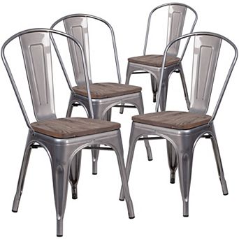 Emma And Oliver 4 Pack Metal Stackable Chair With Wood Seat