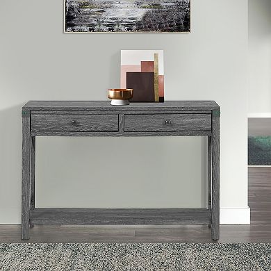 Sofa Table With X Metal Accent And 2 Drawers, Gray