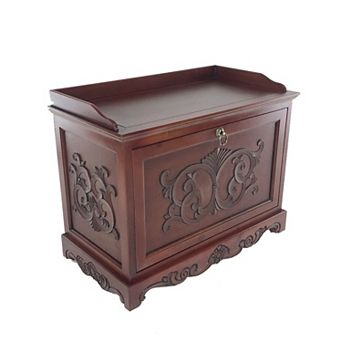 Engraved Wooden Shoe Cabinet with Drop Down Opening and Metal Hinges, Brown