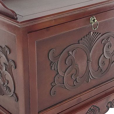 Engraved Wooden Shoe Cabinet with Drop Down Opening and Metal Hinges, Brown